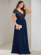 Plus Size V Neck A Line Chiffon Dress For Mother Of The Bride With Short Sleeves