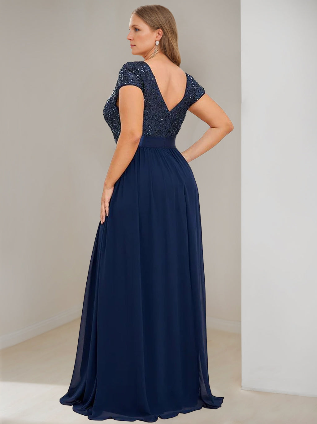 Plus Size V Neck A Line Chiffon Dress For Mother Of The Bride With Short Sleeves