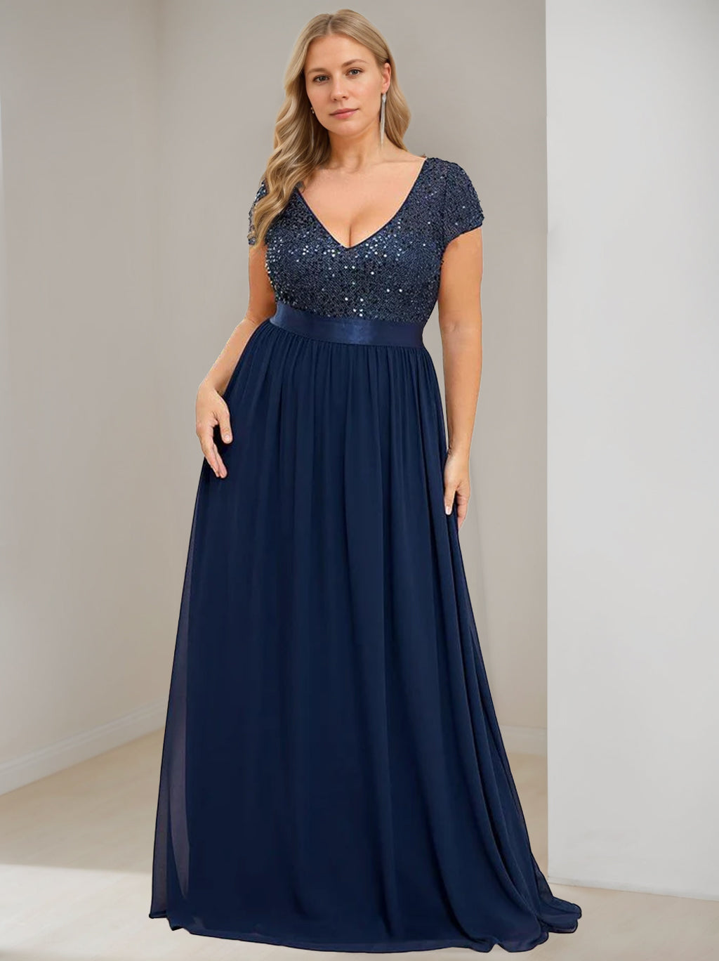 Plus Size V Neck A Line Chiffon Dress For Mother Of The Bride With Short Sleeves