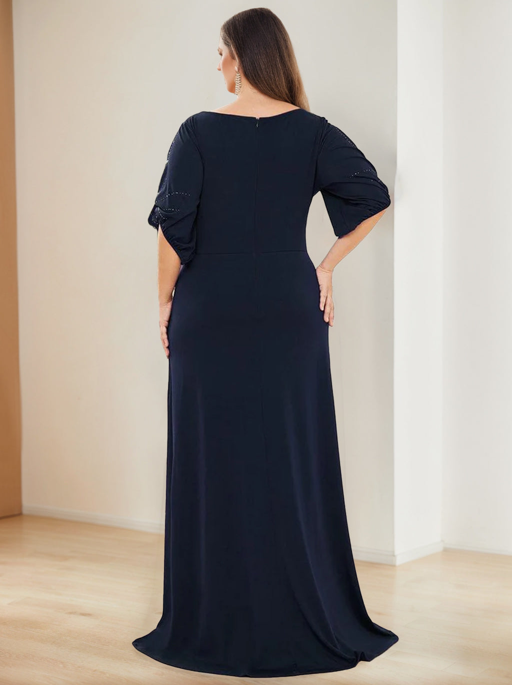Plus Size Floor Length A Line Mother Of The Bride Dress Round Neck Half Sleeves