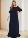 Plus Size Floor Length A Line Mother Of The Bride Dress Round Neck Half Sleeves