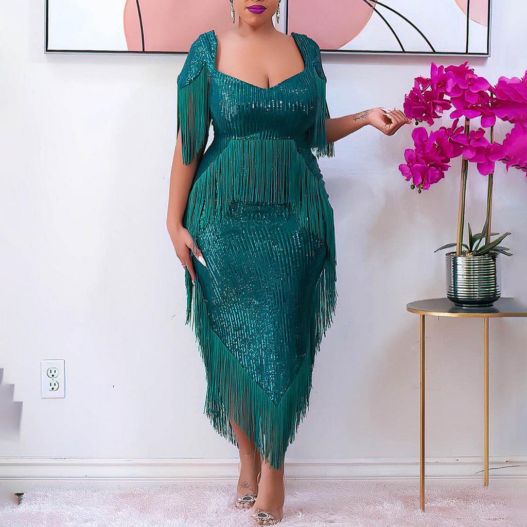 Abendkleid Pailletten Quasten Slim Fit Sexy Brautjungfernkleid Damen 