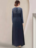 Floor-Length Mother Of The Bride A-Line Dress With Scoop Neck Sleeves Sequins
