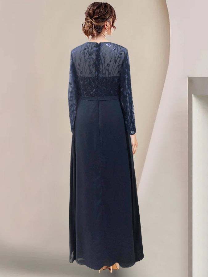 Floor-Length Mother Of The Bride A-Line Dress With Scoop Neck Sleeves Sequins