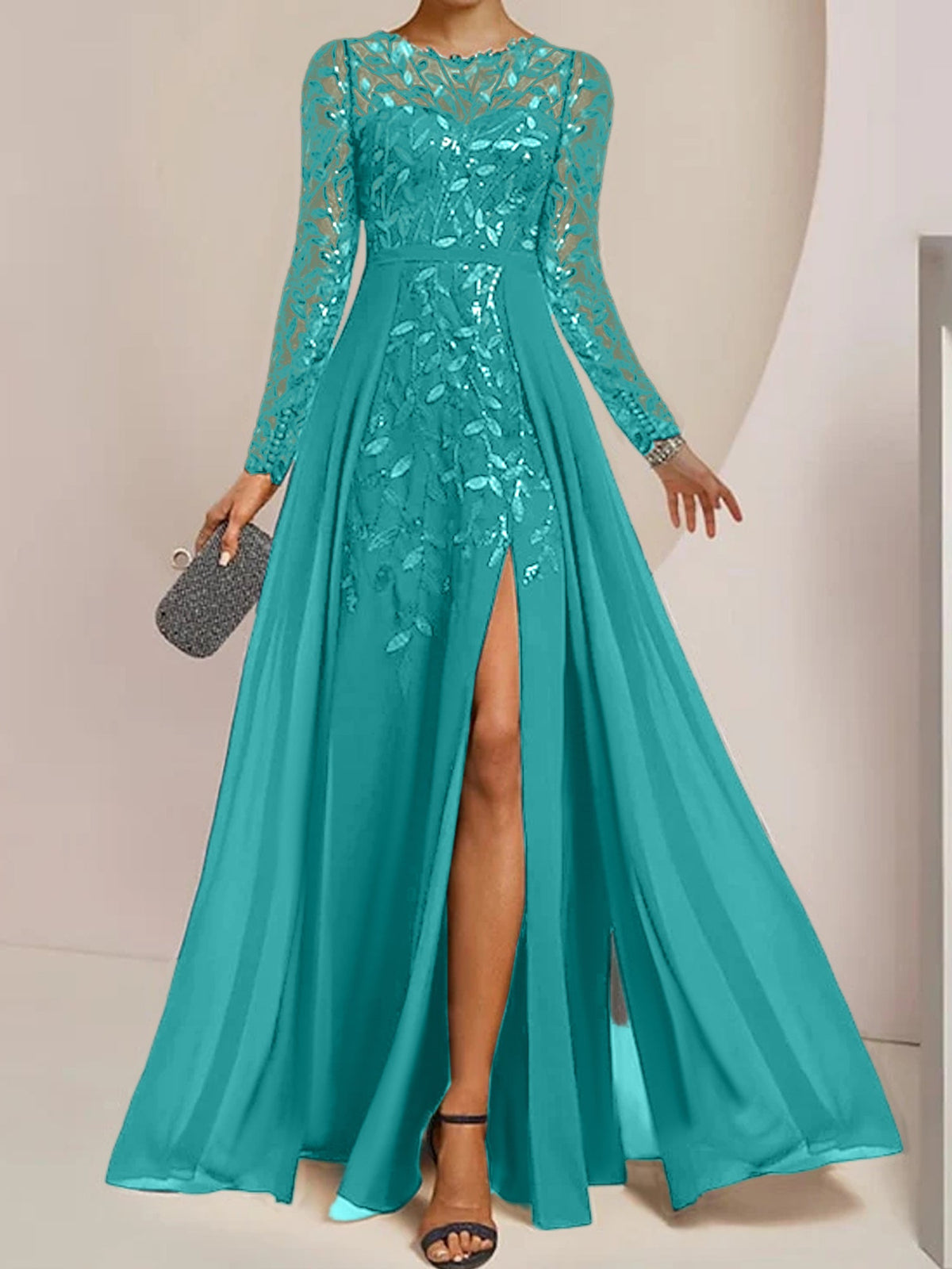 Floor-Length Mother Of The Bride A-Line Dress With Scoop Neck Sleeves Sequins