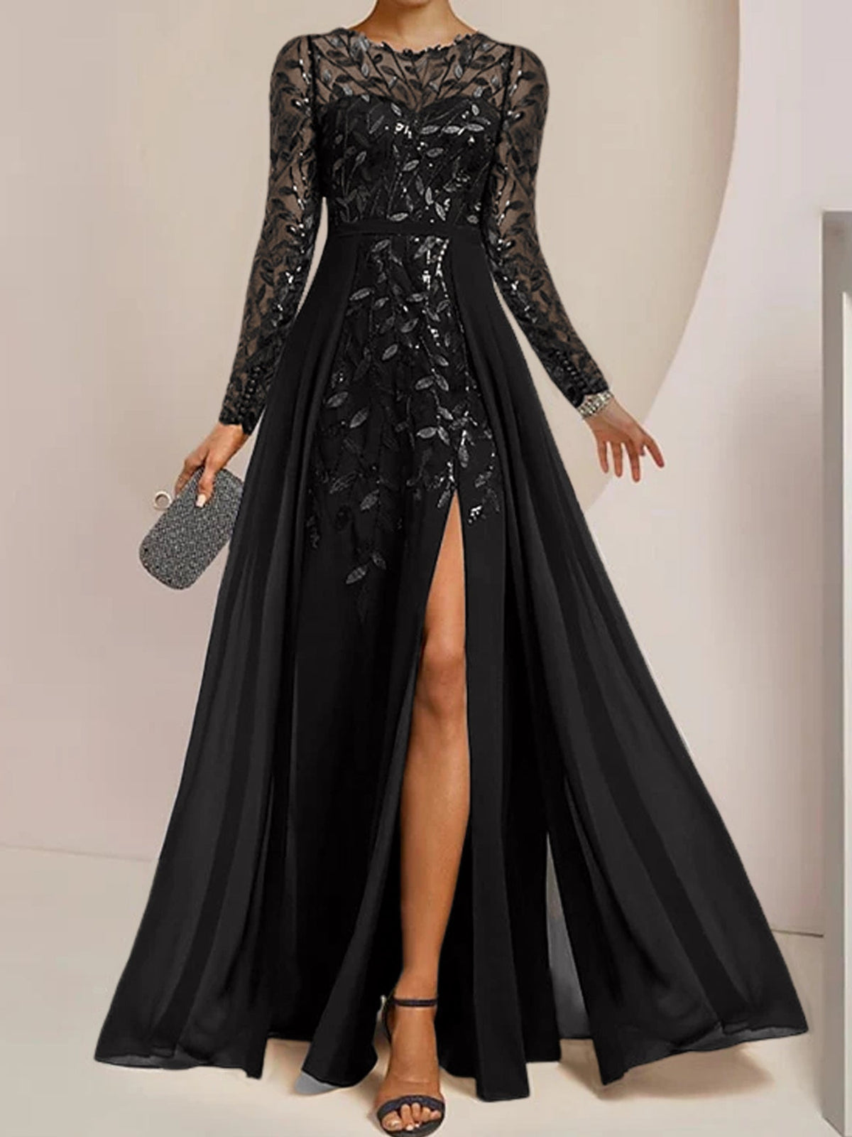 Floor-Length Mother Of The Bride A-Line Dress With Scoop Neck Sleeves Sequins