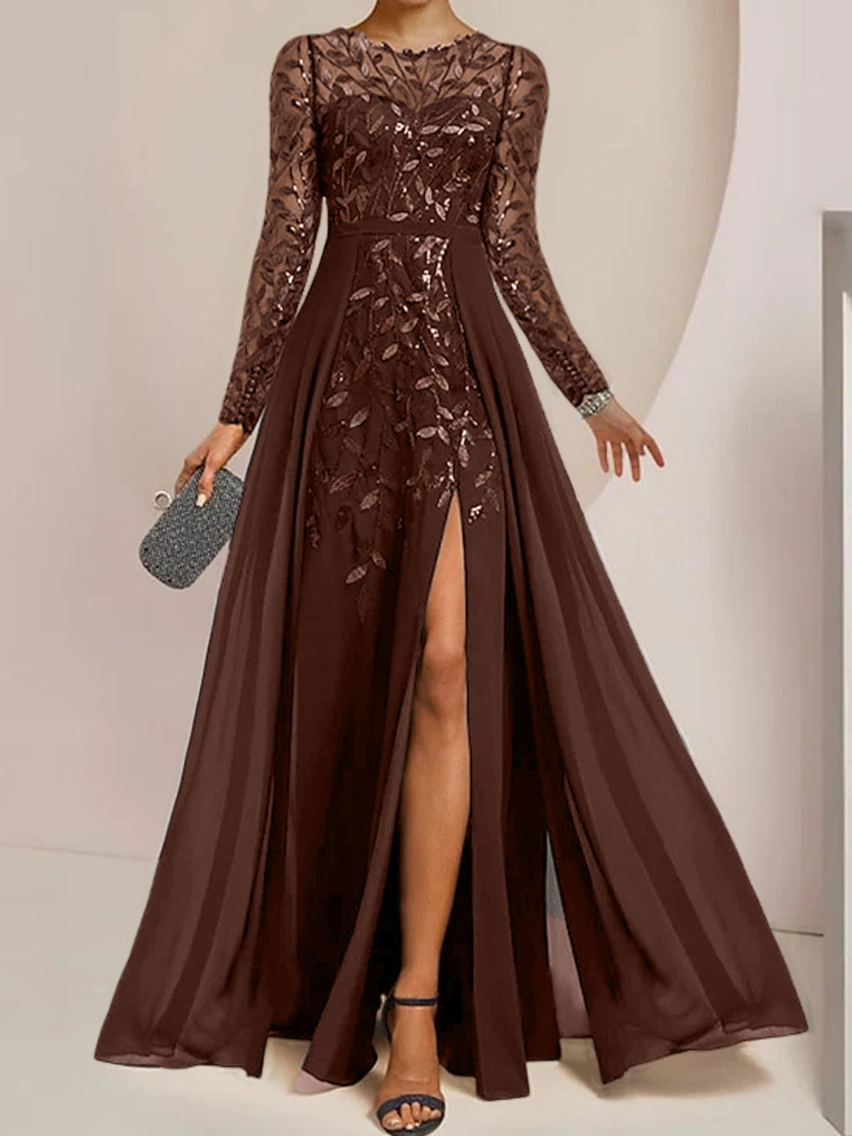 Floor-Length Mother Of The Bride A-Line Dress With Scoop Neck Sleeves Sequins