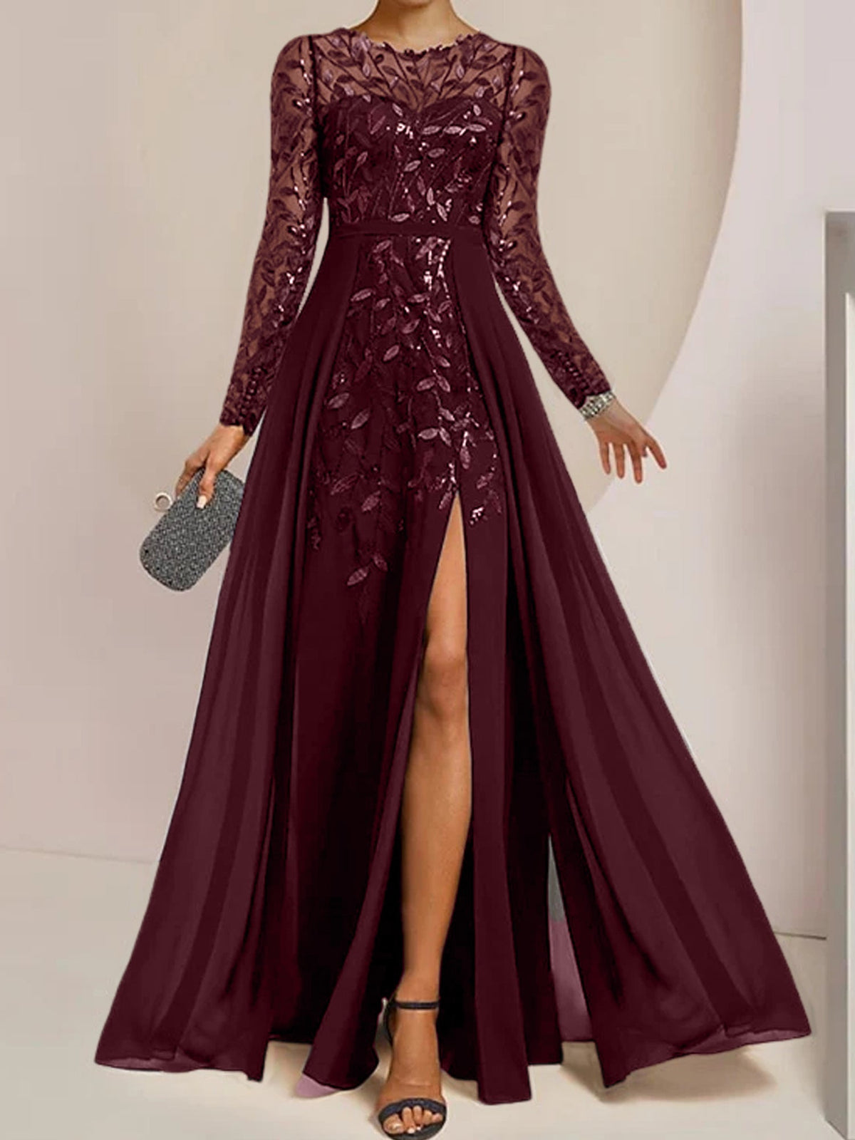 Floor-Length Mother Of The Bride A-Line Dress With Scoop Neck Sleeves Sequins