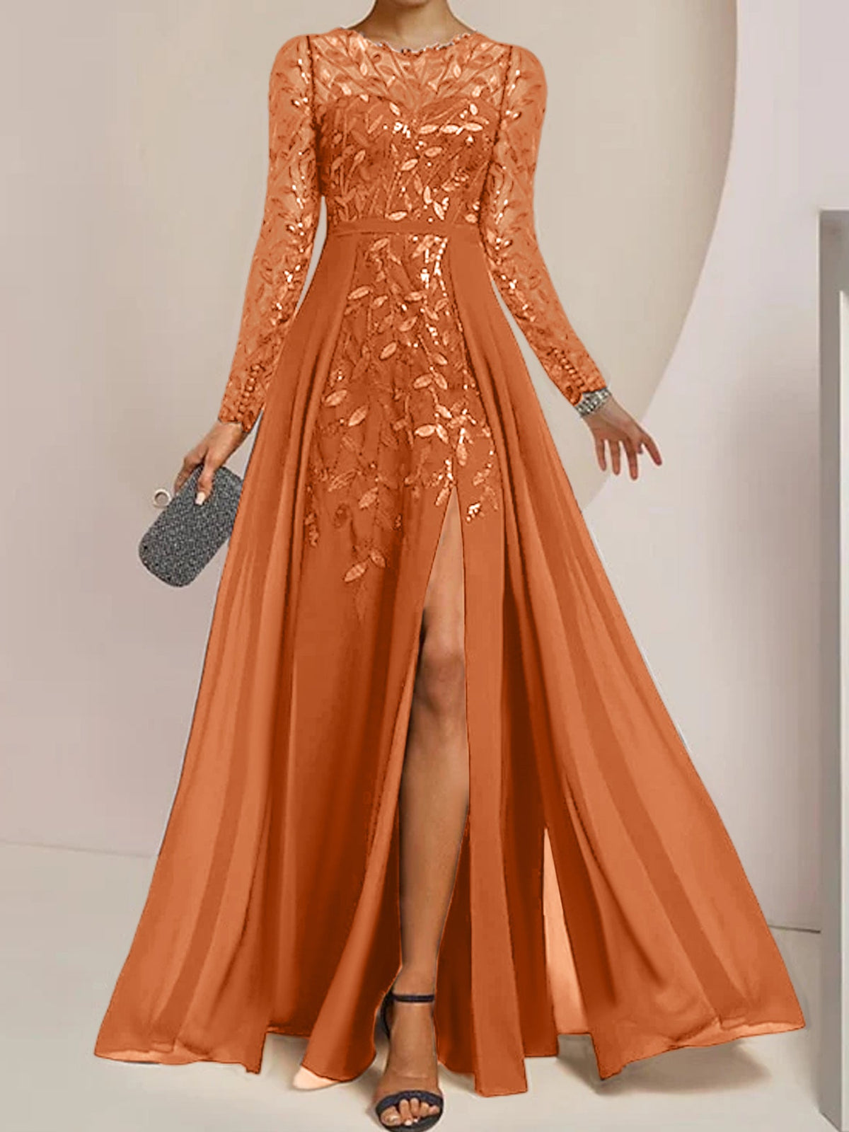 Floor-Length Mother Of The Bride A-Line Dress With Scoop Neck Sleeves Sequins