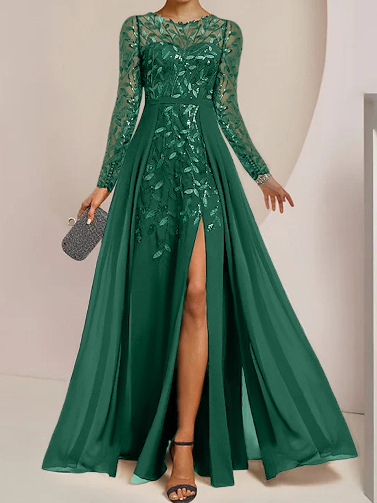 Floor-Length Mother Of The Bride A-Line Dress With Scoop Neck Sleeves Sequins