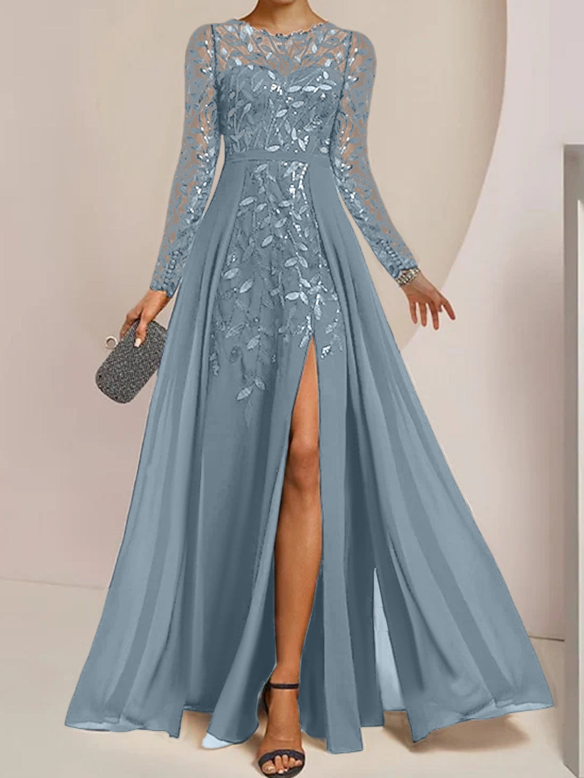 Floor-Length Mother Of The Bride A-Line Dress With Scoop Neck Sleeves Sequins