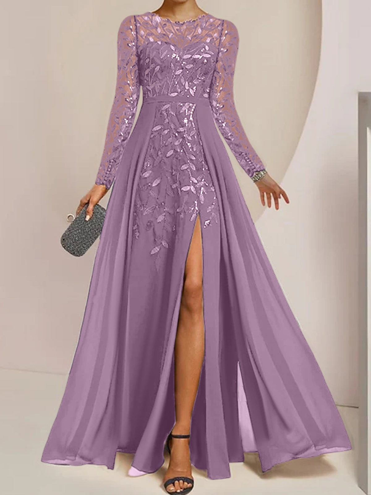Floor-Length Mother Of The Bride A-Line Dress With Scoop Neck Sleeves Sequins