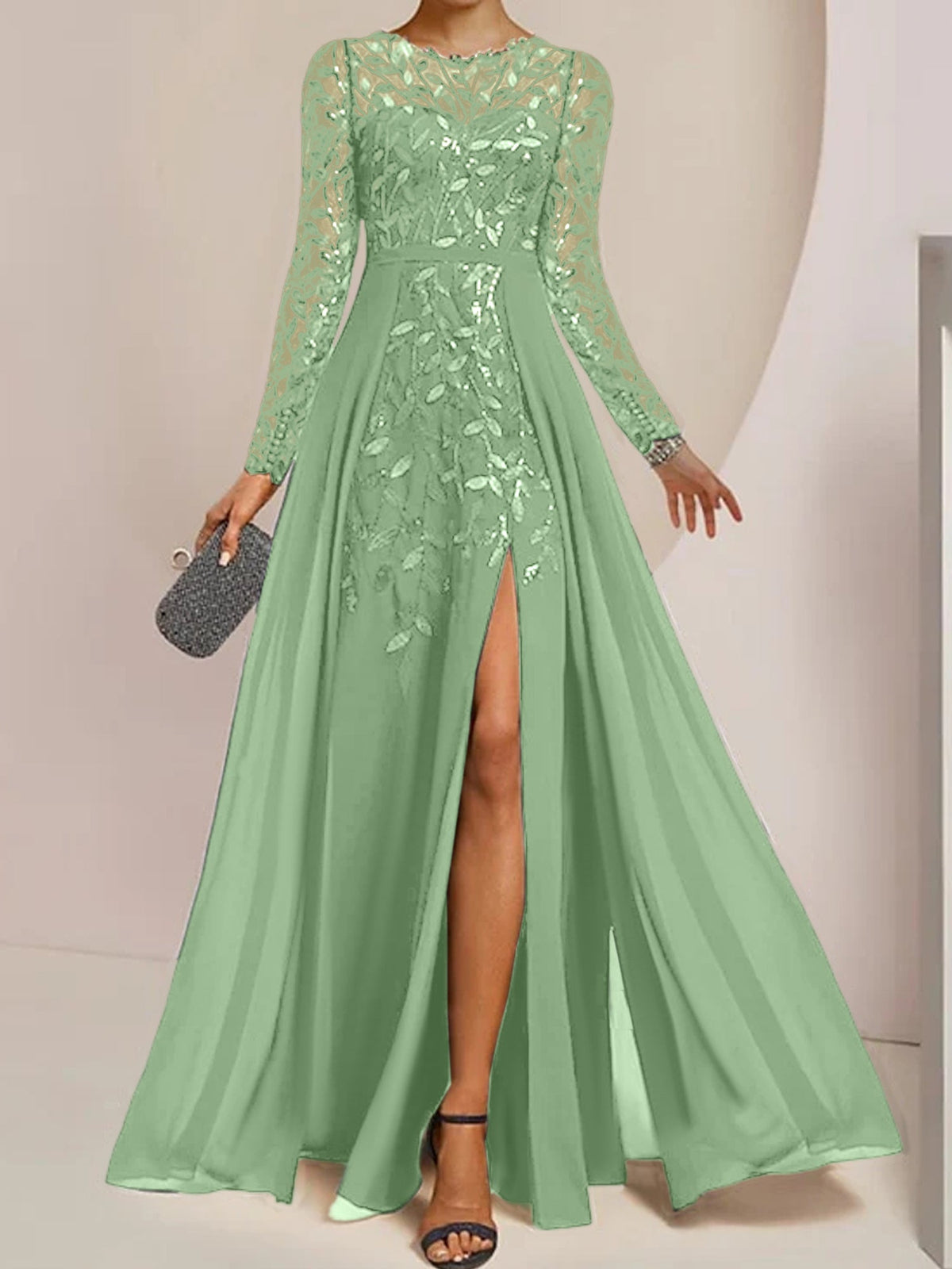 Floor-Length Mother Of The Bride A-Line Dress With Scoop Neck Sleeves Sequins