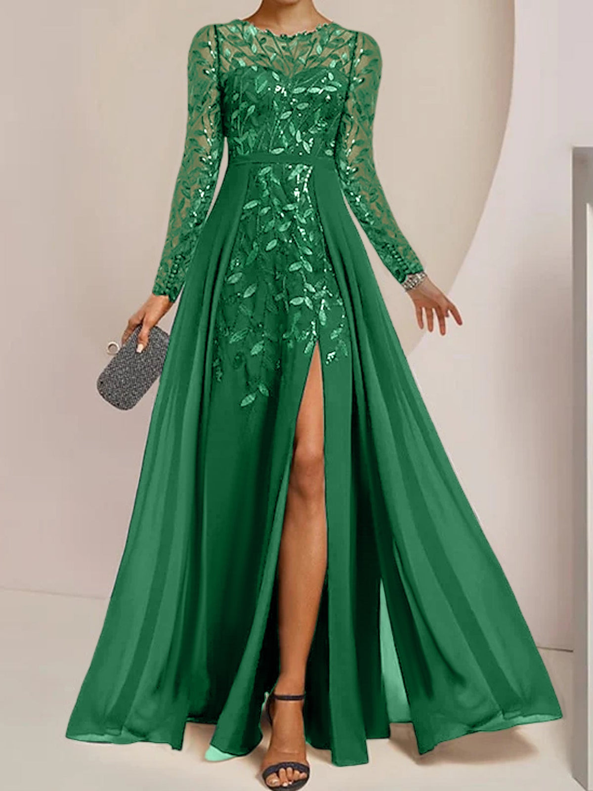 Floor-Length Mother Of The Bride A-Line Dress With Scoop Neck Sleeves Sequins