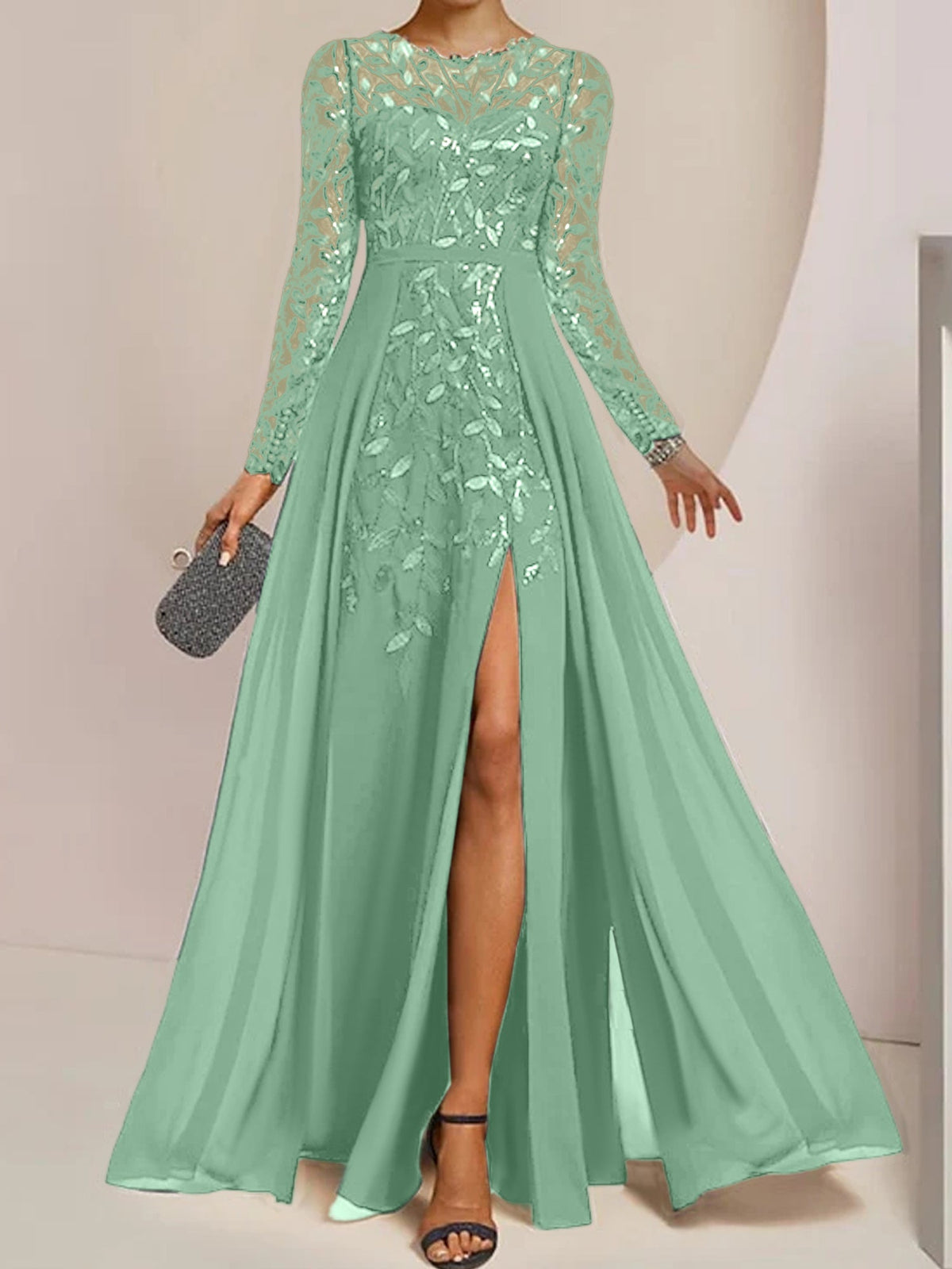 Floor-Length Mother Of The Bride A-Line Dress With Scoop Neck Sleeves Sequins