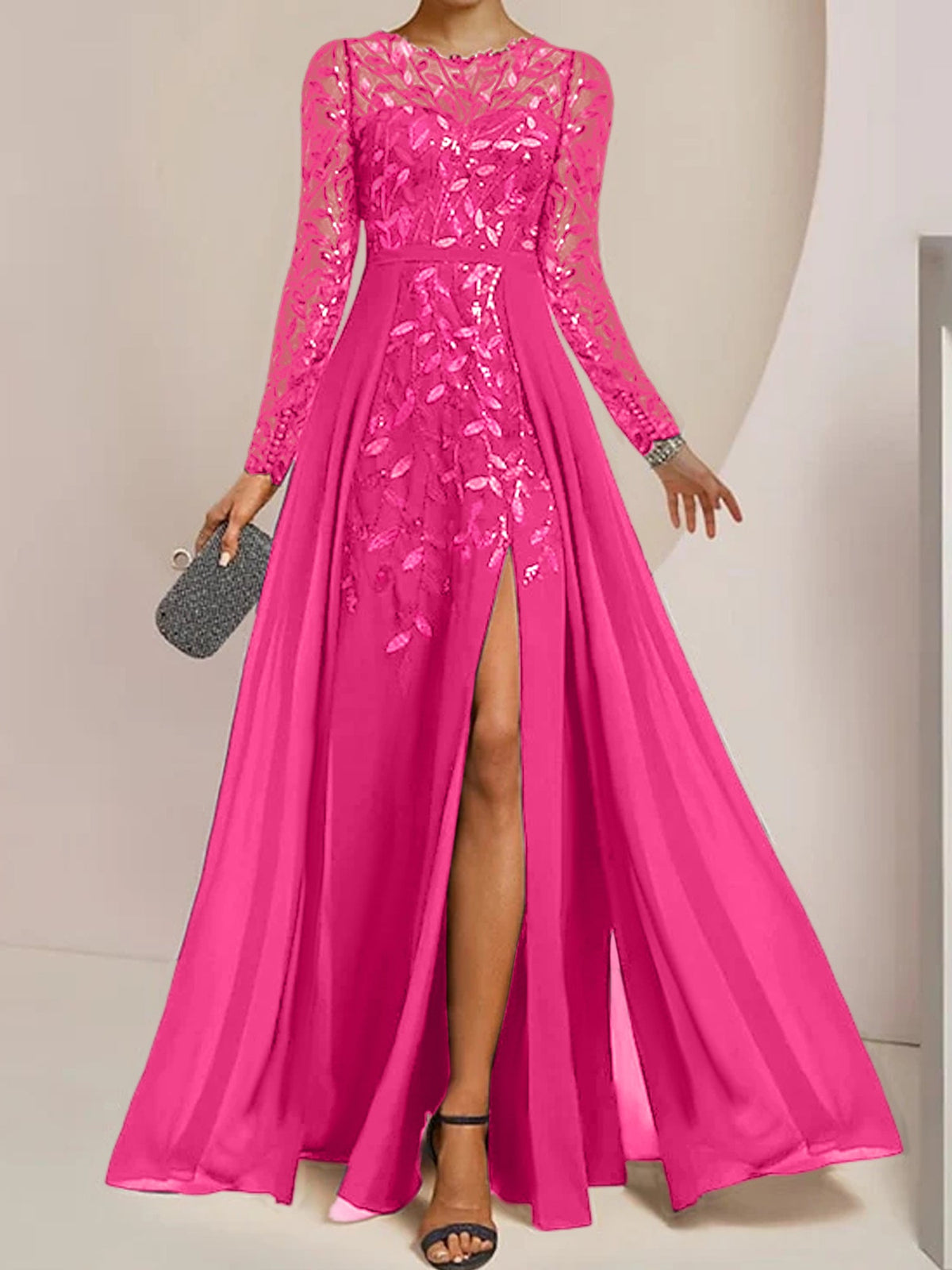 Floor-Length Mother Of The Bride A-Line Dress With Scoop Neck Sleeves Sequins