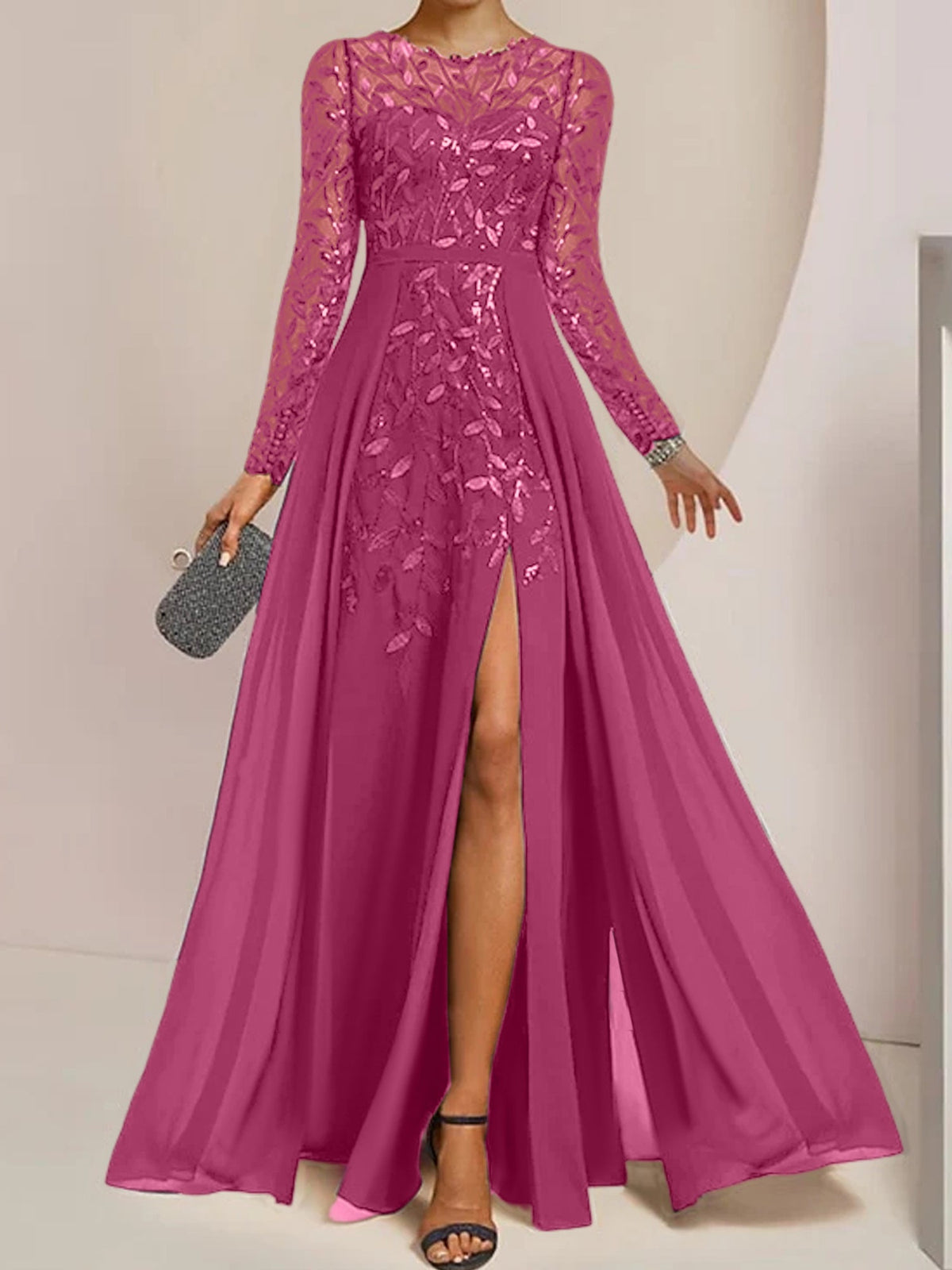 Floor-Length Mother Of The Bride A-Line Dress With Scoop Neck Sleeves Sequins