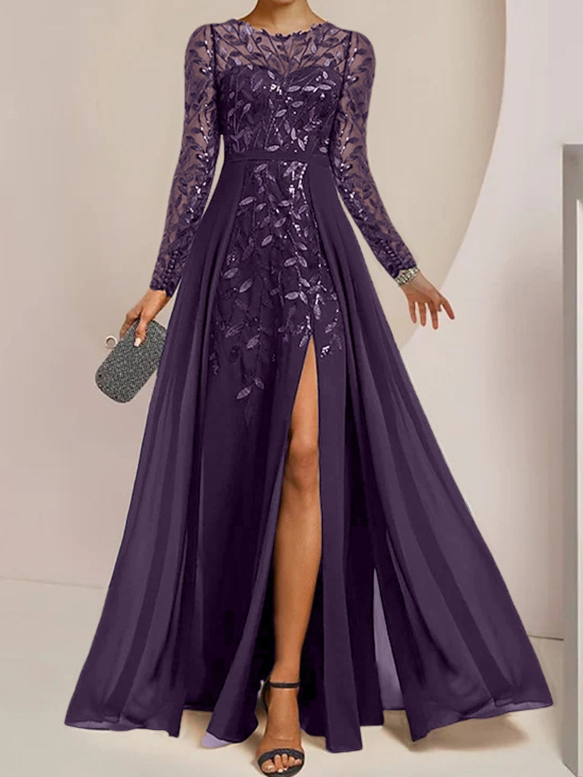 Floor-Length Mother Of The Bride A-Line Dress With Scoop Neck Sleeves Sequins