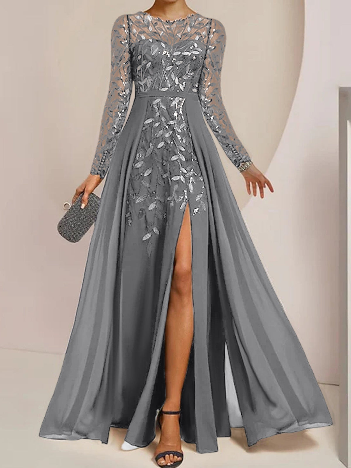 Floor-Length Mother Of The Bride A-Line Dress With Scoop Neck Sleeves Sequins