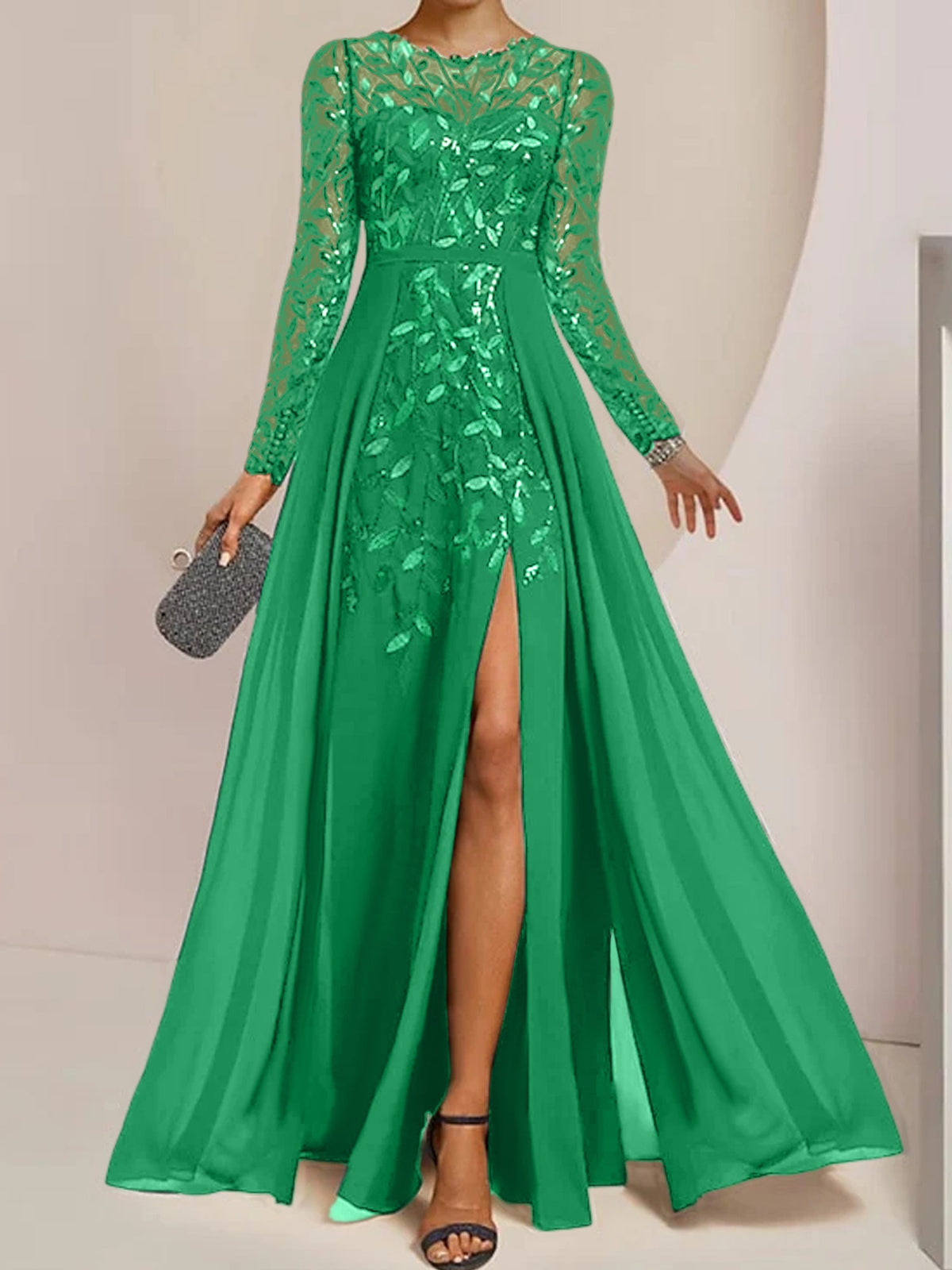 Floor-Length Mother Of The Bride A-Line Dress With Scoop Neck Sleeves Sequins