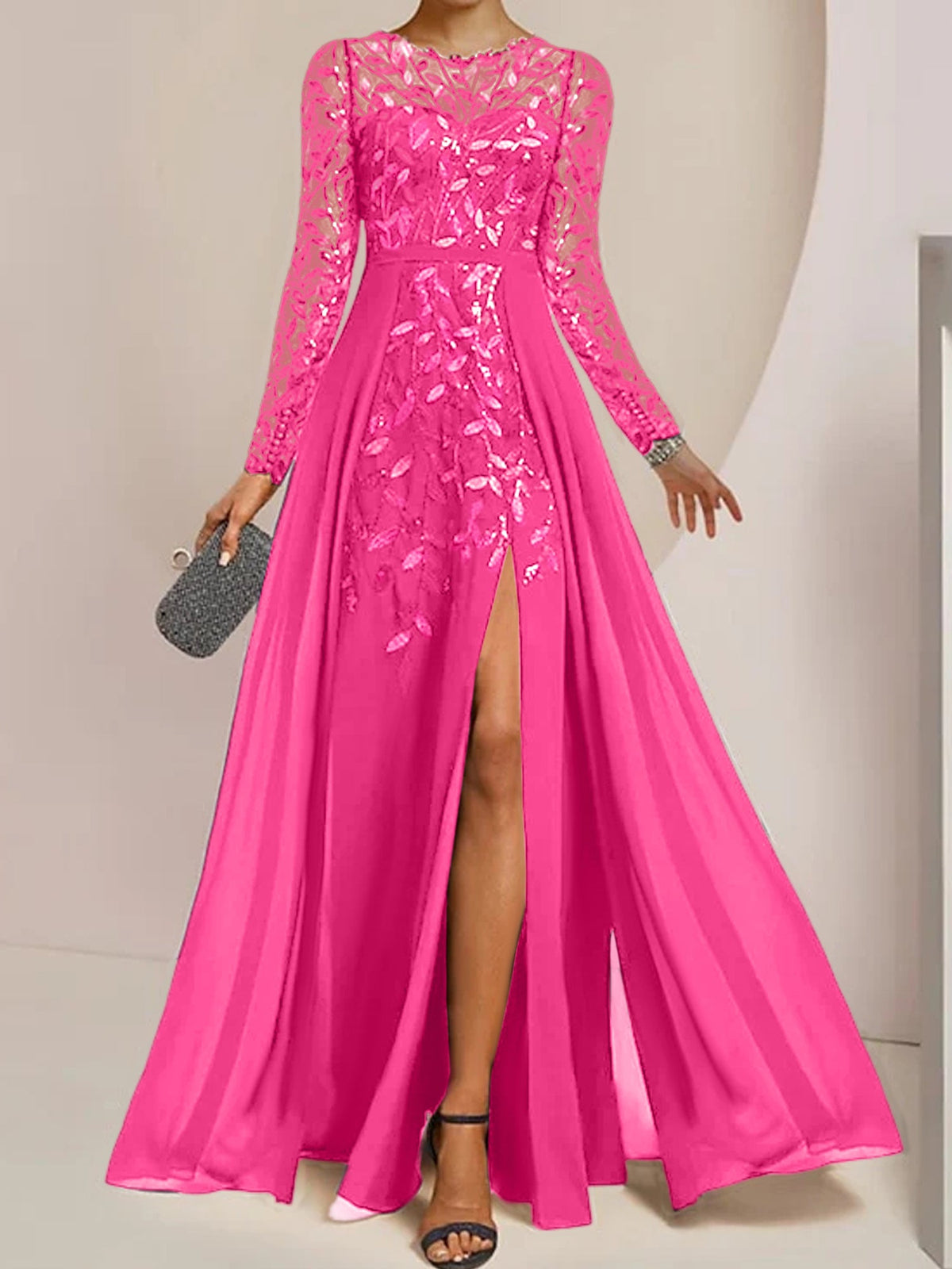Floor-Length Mother Of The Bride A-Line Dress With Scoop Neck Sleeves Sequins