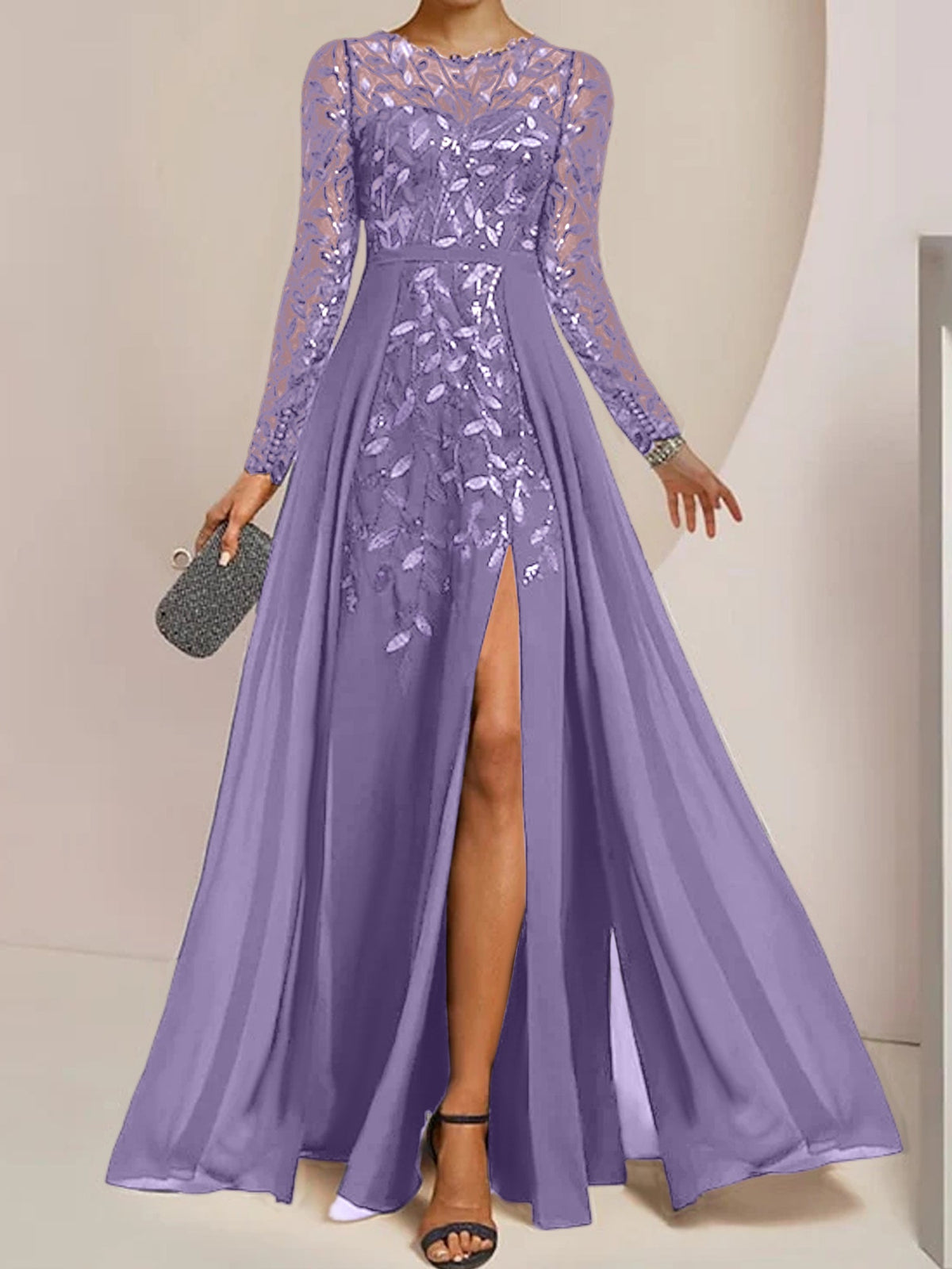 Floor-Length Mother Of The Bride A-Line Dress With Scoop Neck Sleeves Sequins