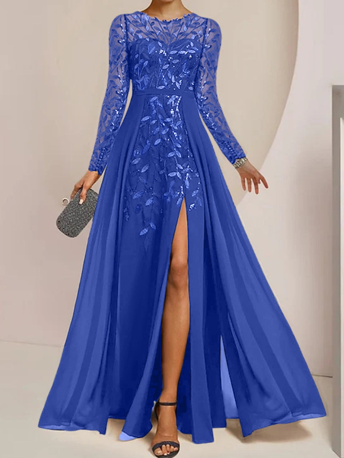 Floor-Length Mother Of The Bride A-Line Dress With Scoop Neck Sleeves Sequins