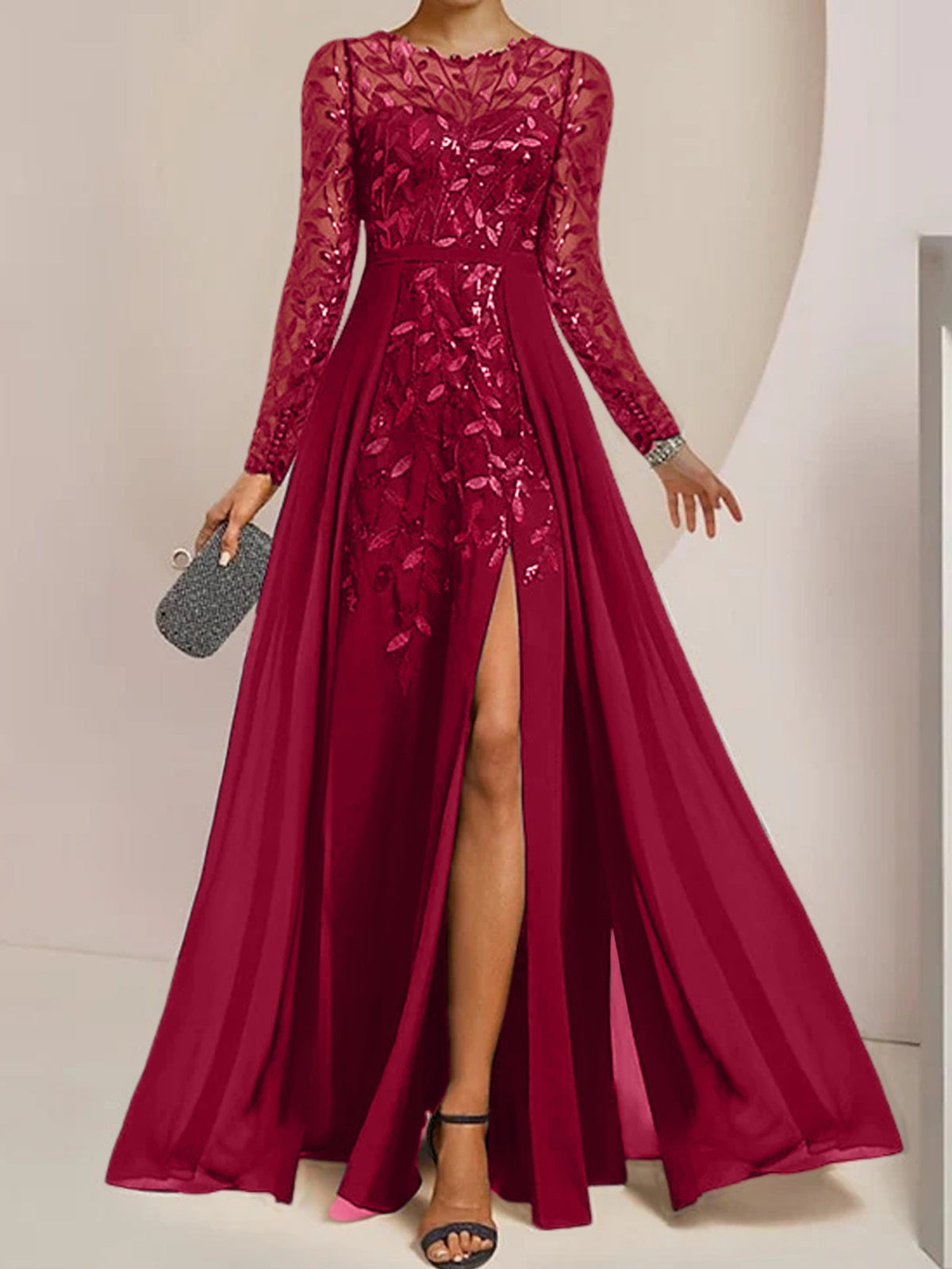 Floor-Length Mother Of The Bride A-Line Dress With Scoop Neck Sleeves Sequins
