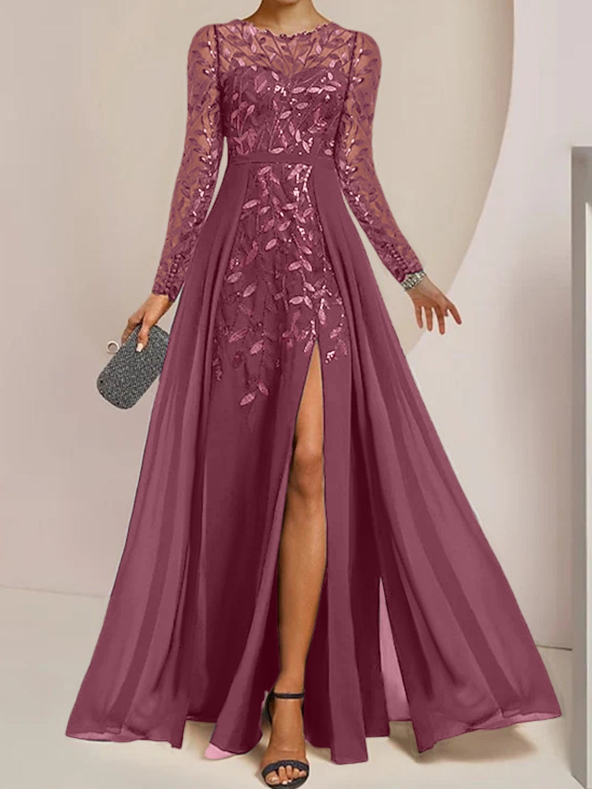 Floor-Length Mother Of The Bride A-Line Dress With Scoop Neck Sleeves Sequins