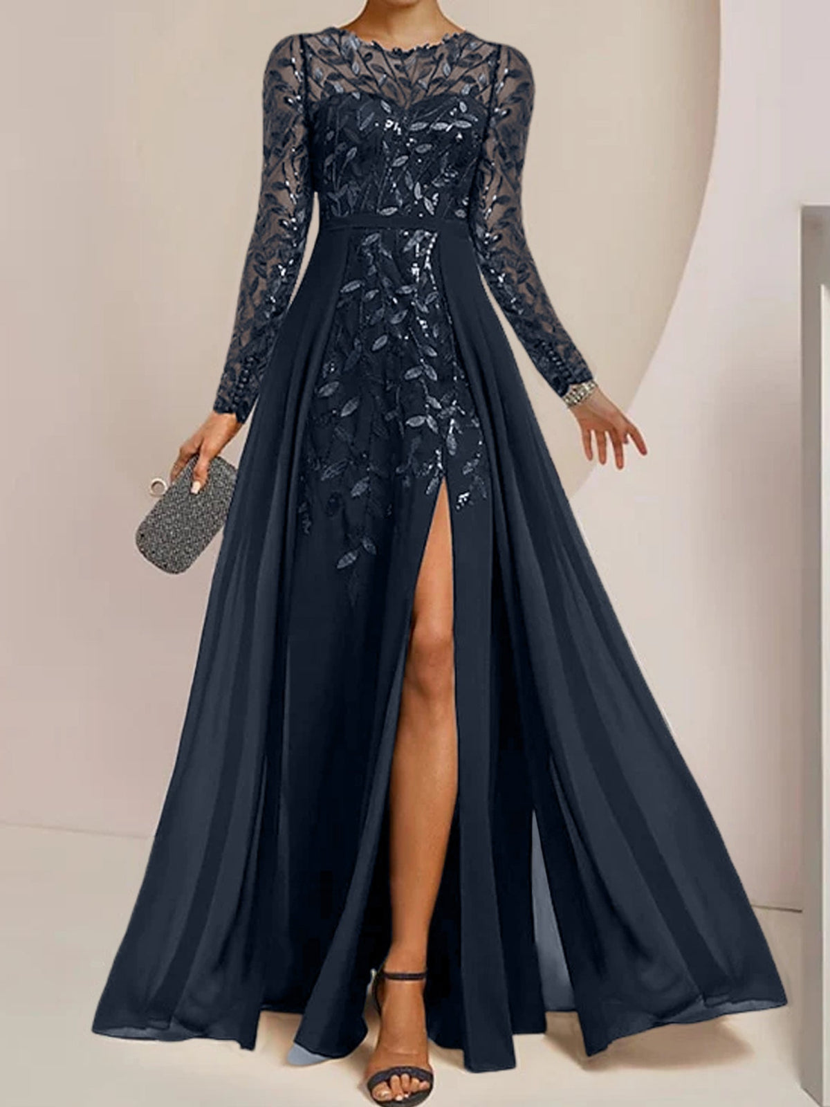Floor-Length Mother Of The Bride A-Line Dress With Scoop Neck Sleeves Sequins
