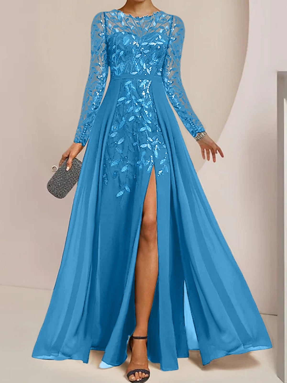 Floor-Length Mother Of The Bride A-Line Dress With Scoop Neck Sleeves Sequins