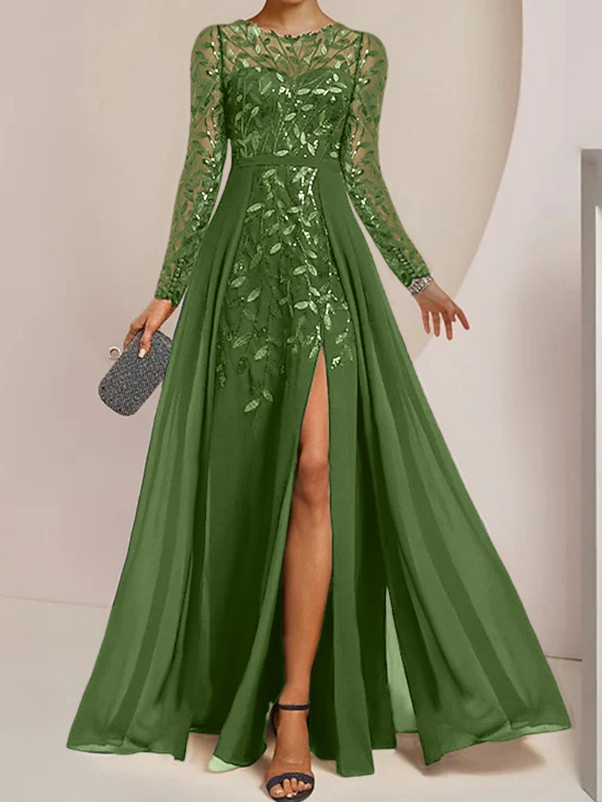Floor-Length Mother Of The Bride A-Line Dress With Scoop Neck Sleeves Sequins