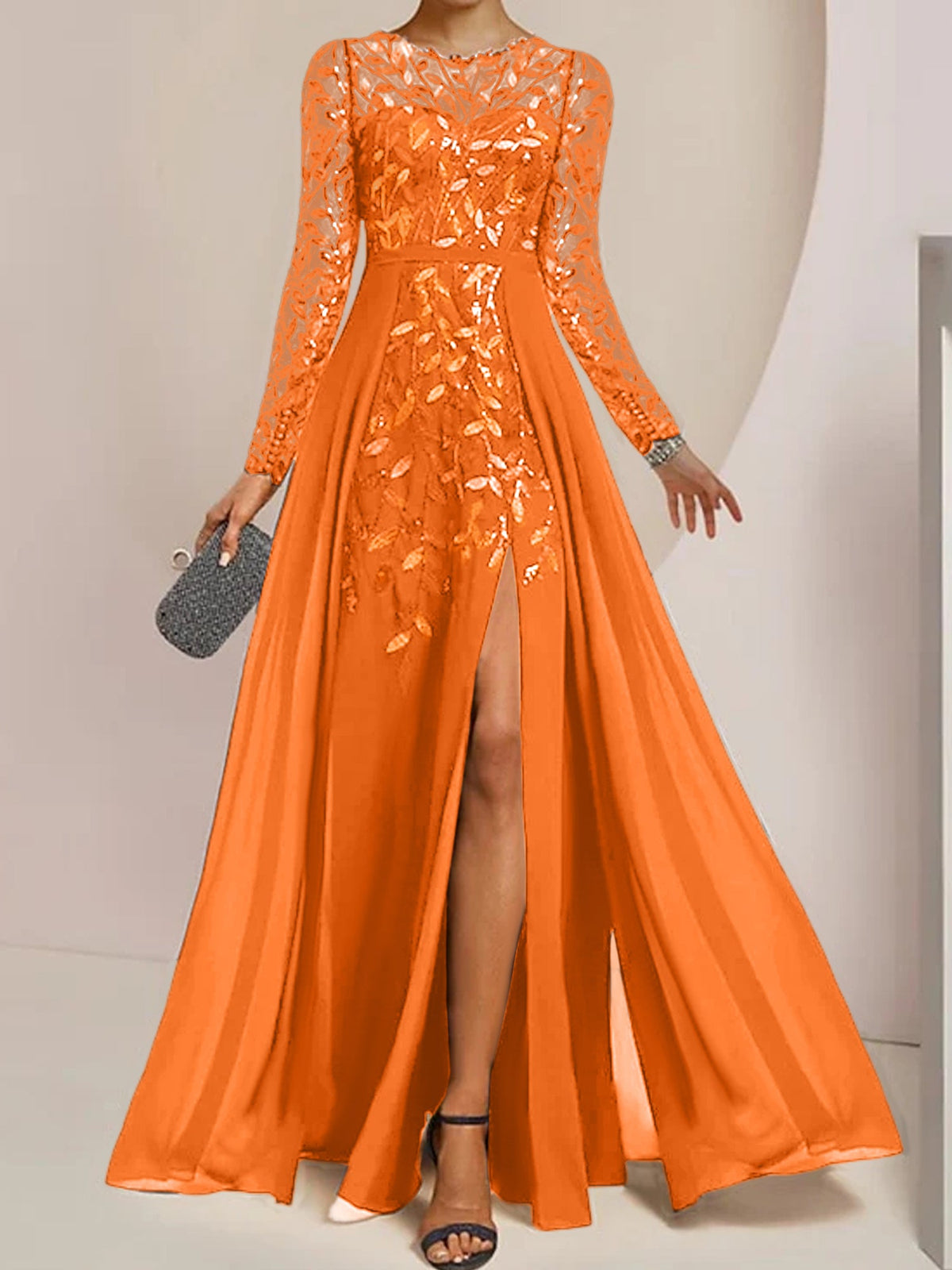 Floor-Length Mother Of The Bride A-Line Dress With Scoop Neck Sleeves Sequins