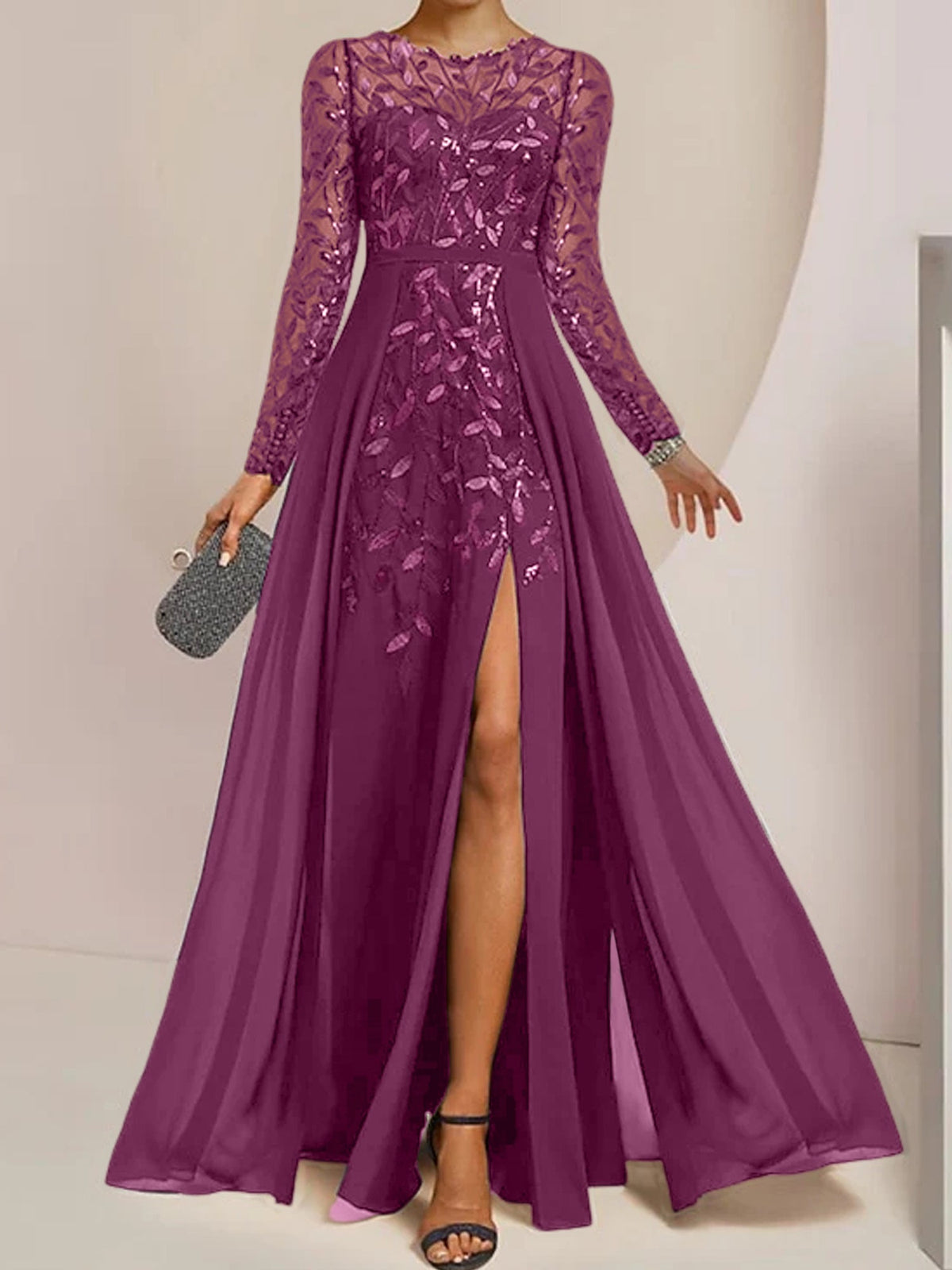 Floor-Length Mother Of The Bride A-Line Dress With Scoop Neck Sleeves Sequins