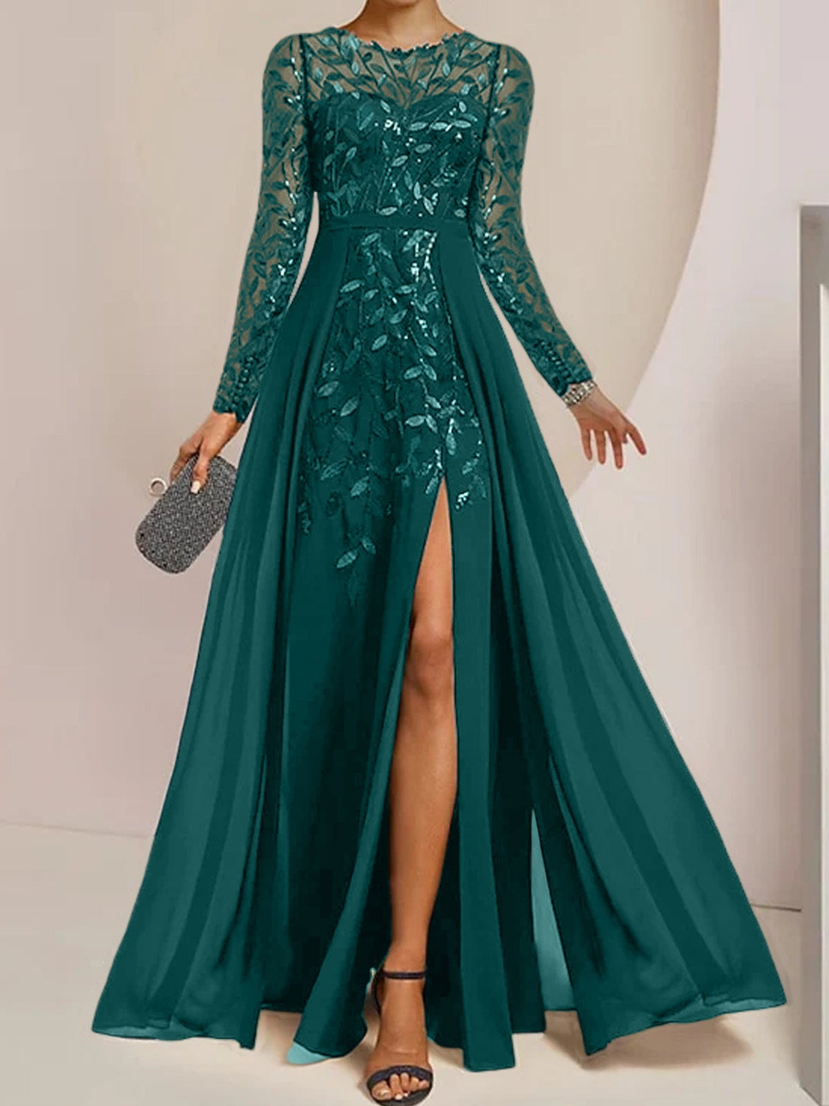 Floor-Length Mother Of The Bride A-Line Dress With Scoop Neck Sleeves Sequins