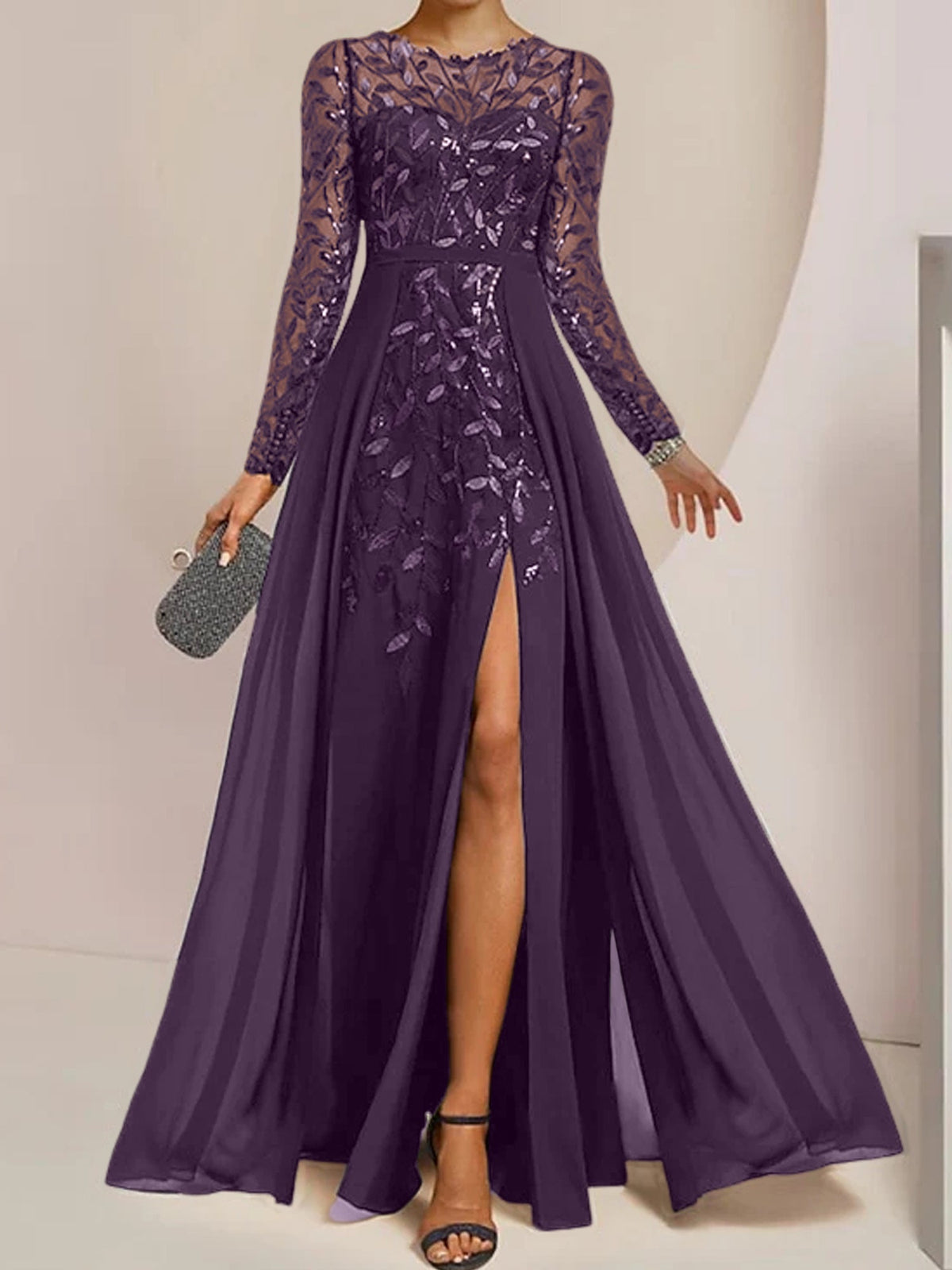 Floor-Length Mother Of The Bride A-Line Dress With Scoop Neck Sleeves Sequins