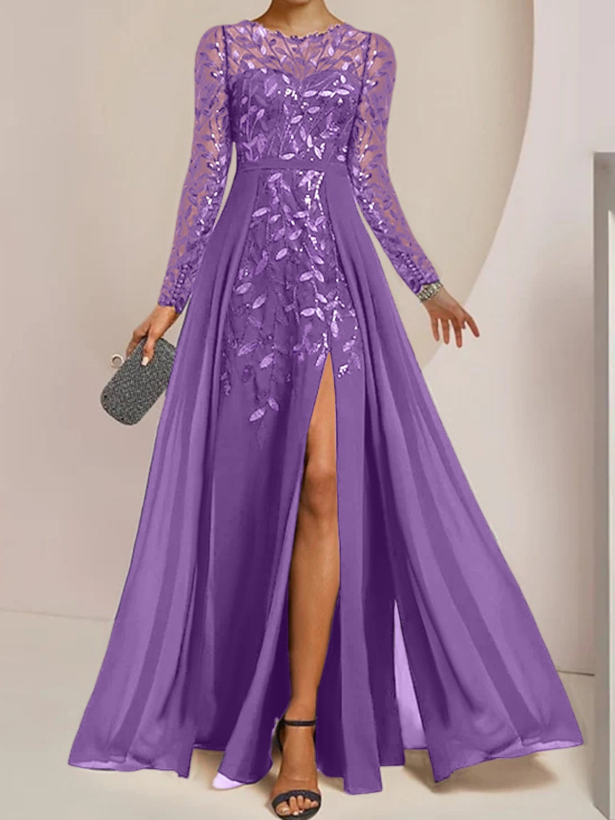 Floor-Length Mother Of The Bride A-Line Dress With Scoop Neck Sleeves Sequins