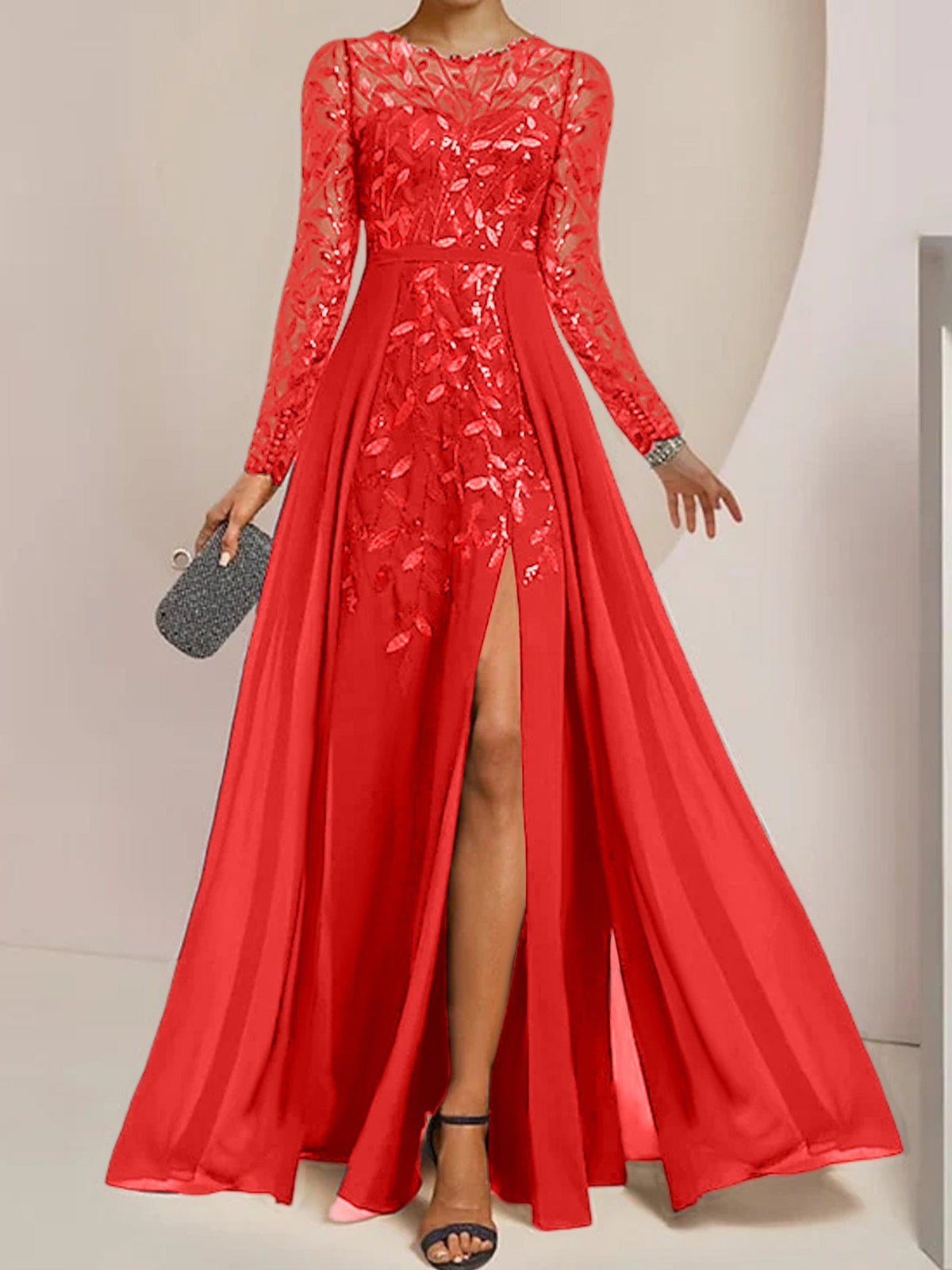 Floor-Length Mother Of The Bride A-Line Dress With Scoop Neck Sleeves Sequins