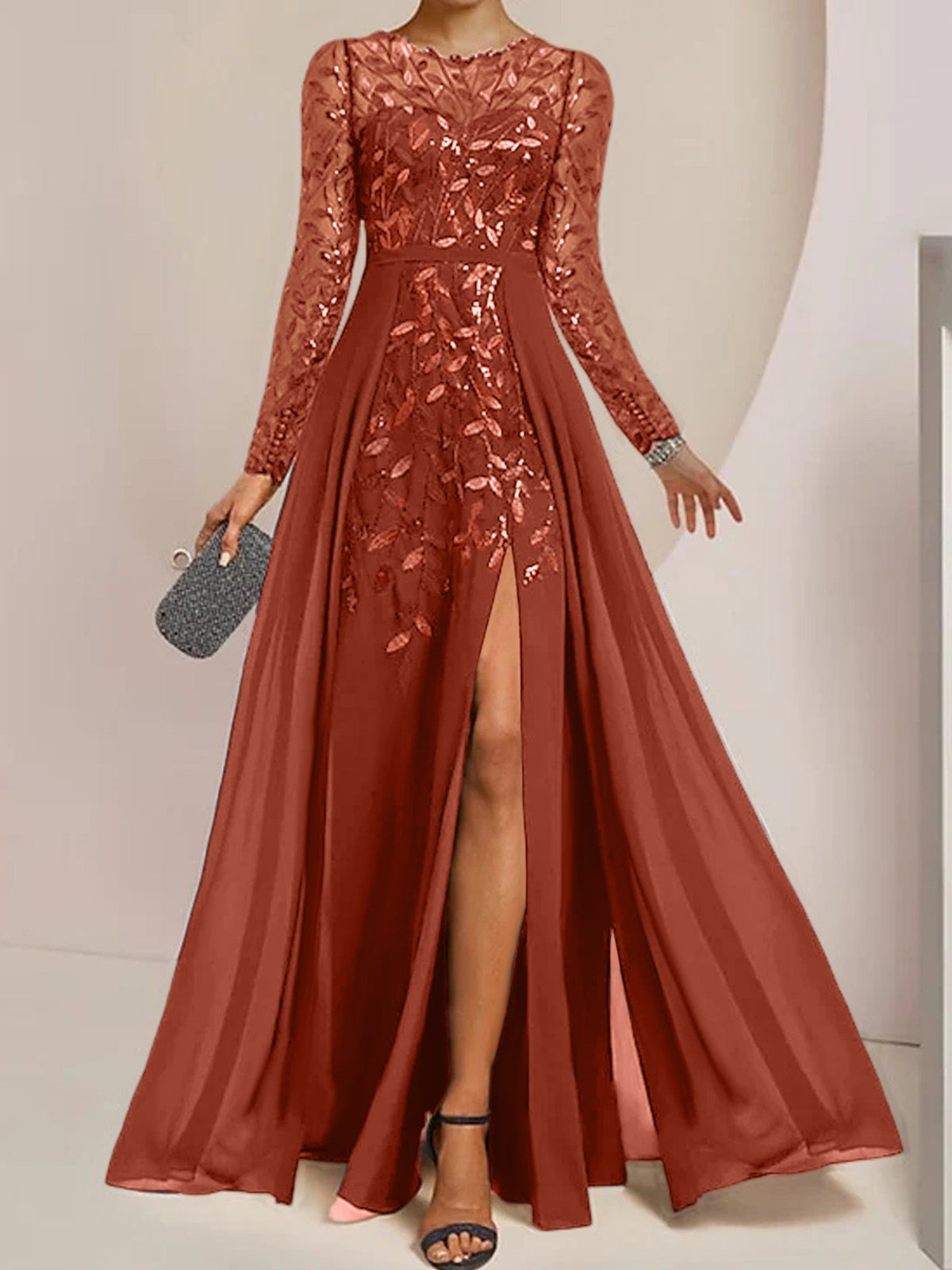 Floor-Length Mother Of The Bride A-Line Dress With Scoop Neck Sleeves Sequins