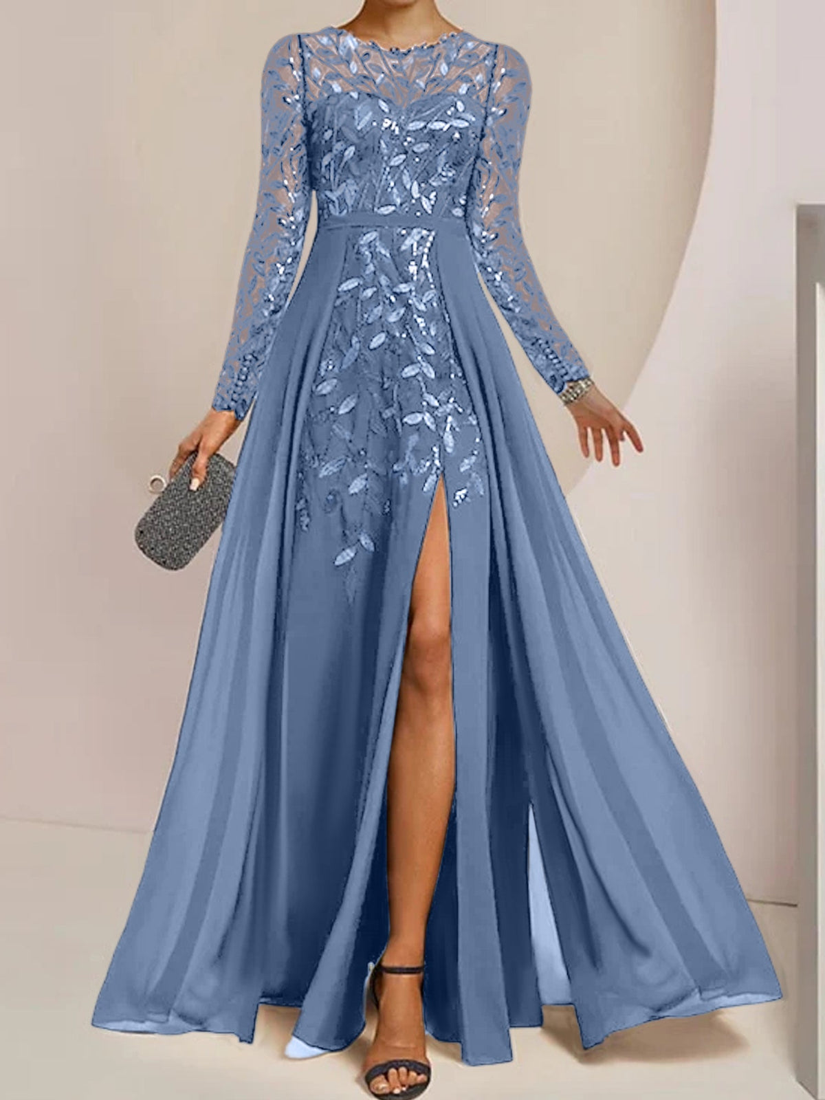 Floor-Length Mother Of The Bride A-Line Dress With Scoop Neck Sleeves Sequins