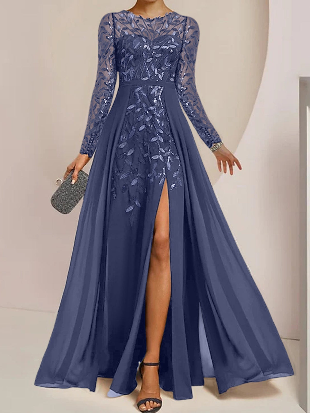 Floor-Length Mother Of The Bride A-Line Dress With Scoop Neck Sleeves Sequins