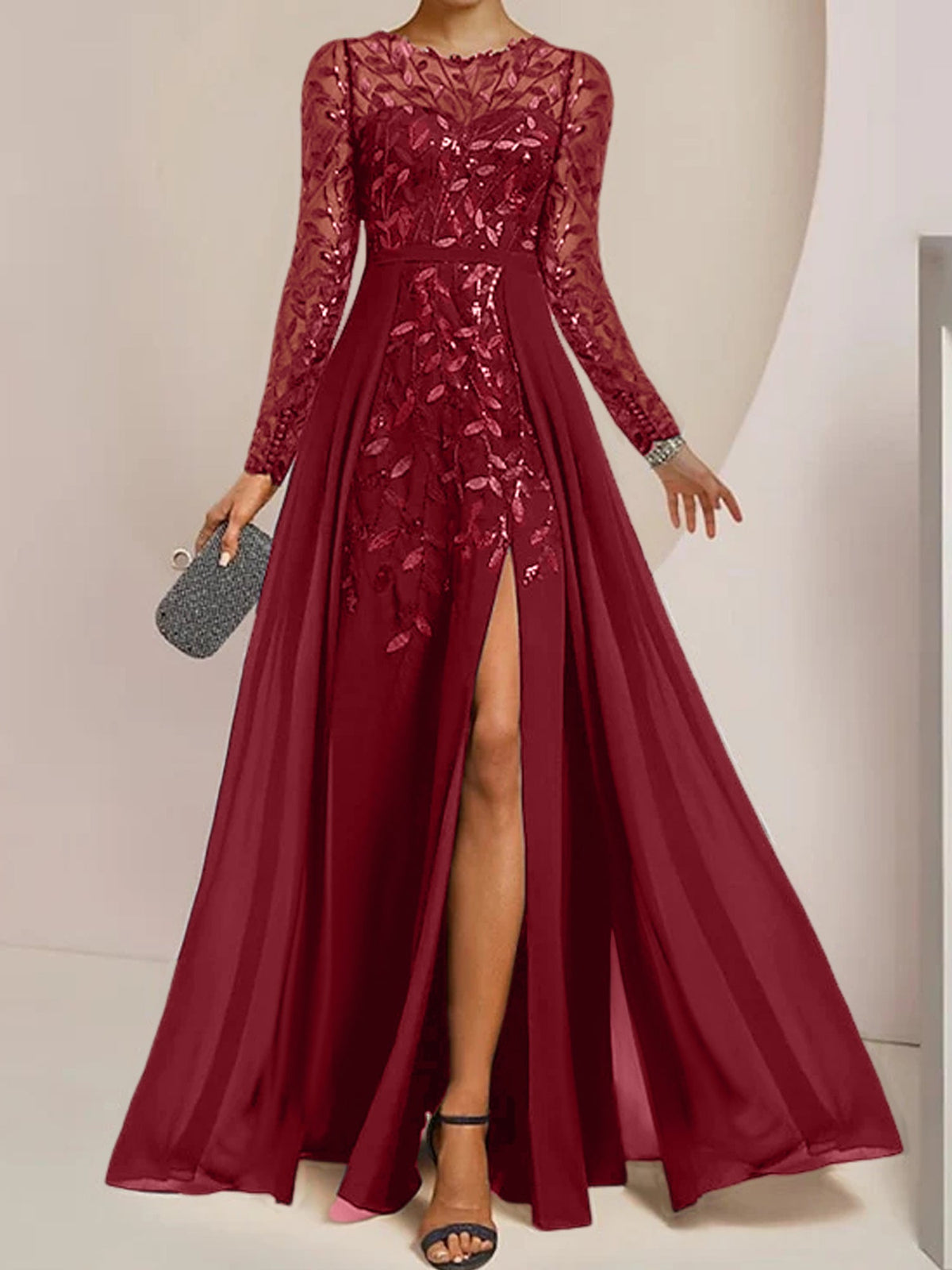 Floor-Length Mother Of The Bride A-Line Dress With Scoop Neck Sleeves Sequins