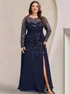 Floor-Length Mother Of The Bride A-Line Dress With Scoop Neck Sleeves Sequins