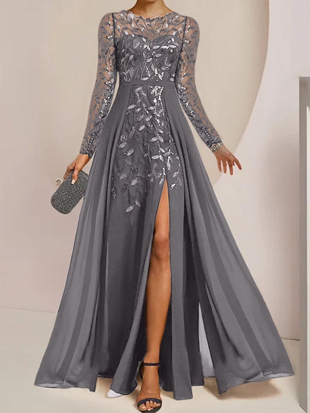 Floor-Length Mother Of The Bride A-Line Dress With Scoop Neck Sleeves Sequins