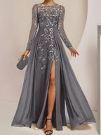 Floor-Length Mother Of The Bride A-Line Dress With Scoop Neck Sleeves Sequins