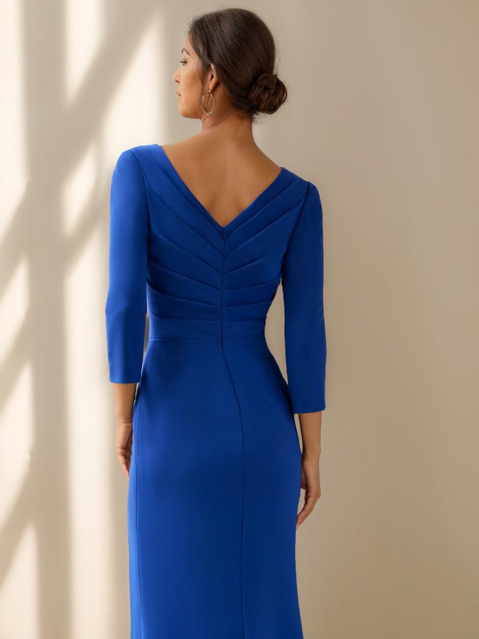 V Neck Floor Length Mother Of The Bride Dress With Three Quarter Sleeves Ruffles