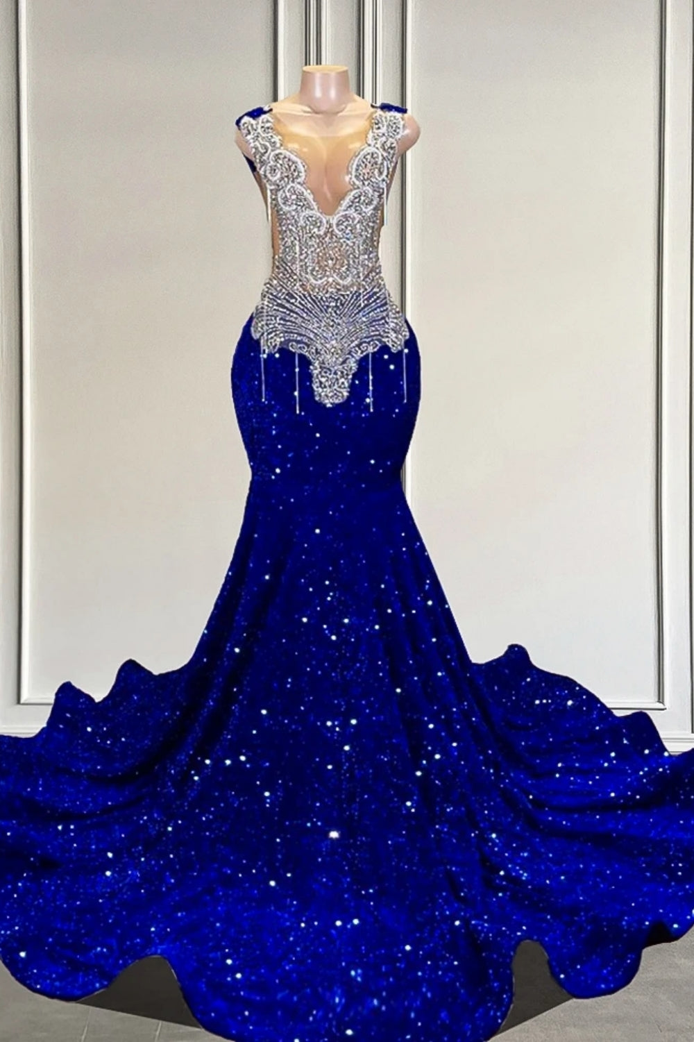 Bmbridal Royal Blue Mermaid Prom Dress With Sequins And Crystal Embellishments