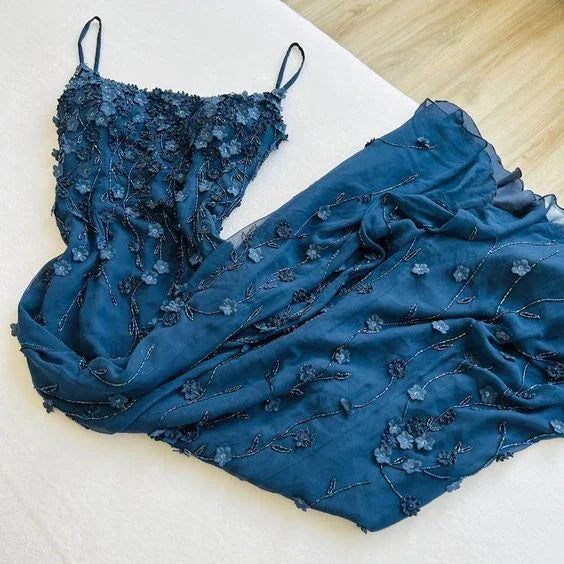Vintage marineblaue Spaghettiträger Applikationen Ballkleid Meerjungfrau Geburtstagskleidung Abendkleid Y7456