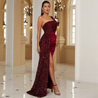 Elegant Sexy Long Sequined Sleeveless Diagonal Collar Backless Cocktail Evening Dress Bridesmaid Dress Women