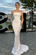 Strapless Sleeveless White Long Mermaid Prom Dress with Sequins